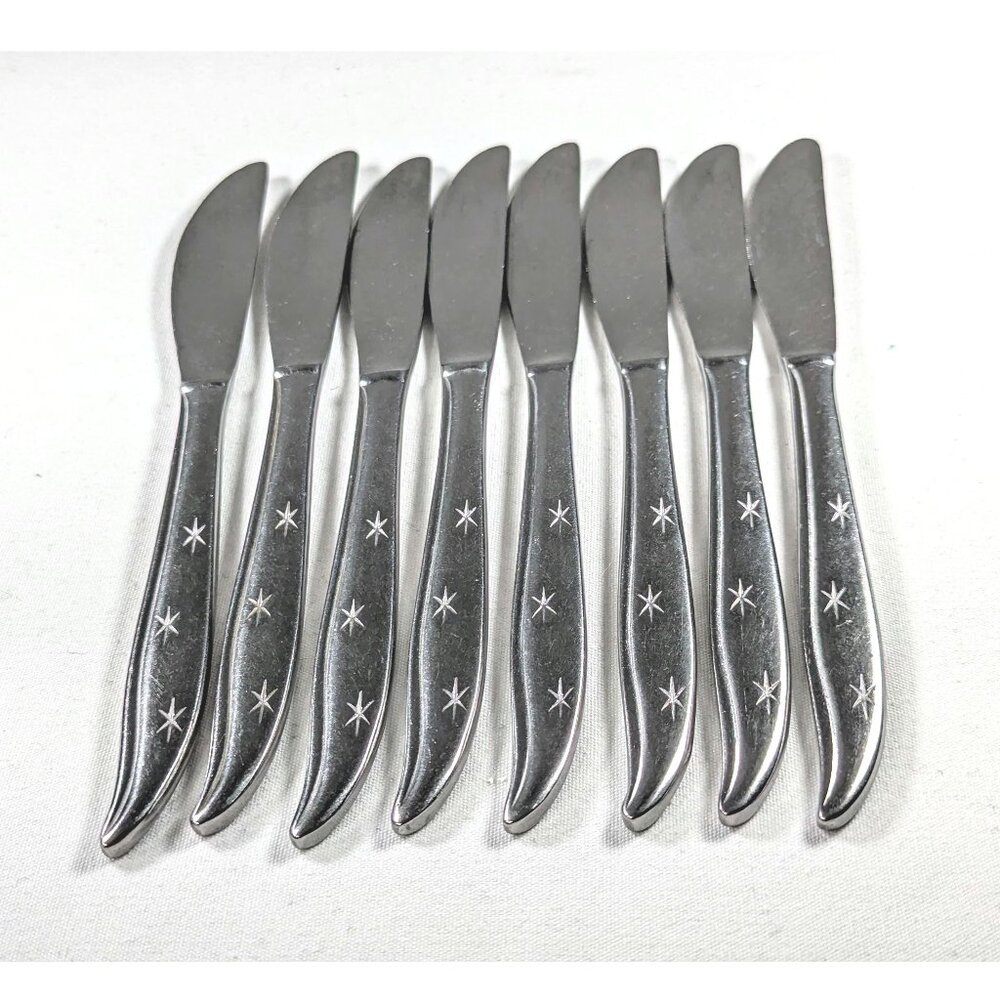 Vintage 8 x Starburst pattern dinner knives Stainless Japan